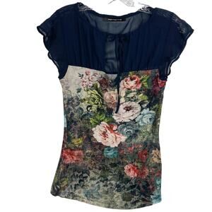 NWOT FORNARINA Top S Chiffon Sheer Floral-Art Bow-Tie Cut-Out Flutter-Short-Slev